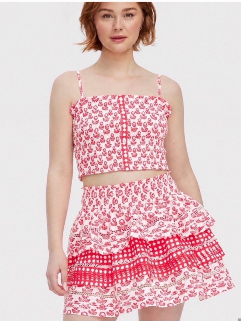Roller Rabbit Pink and Red Floral Tiered Mini Skirt and Crop SET